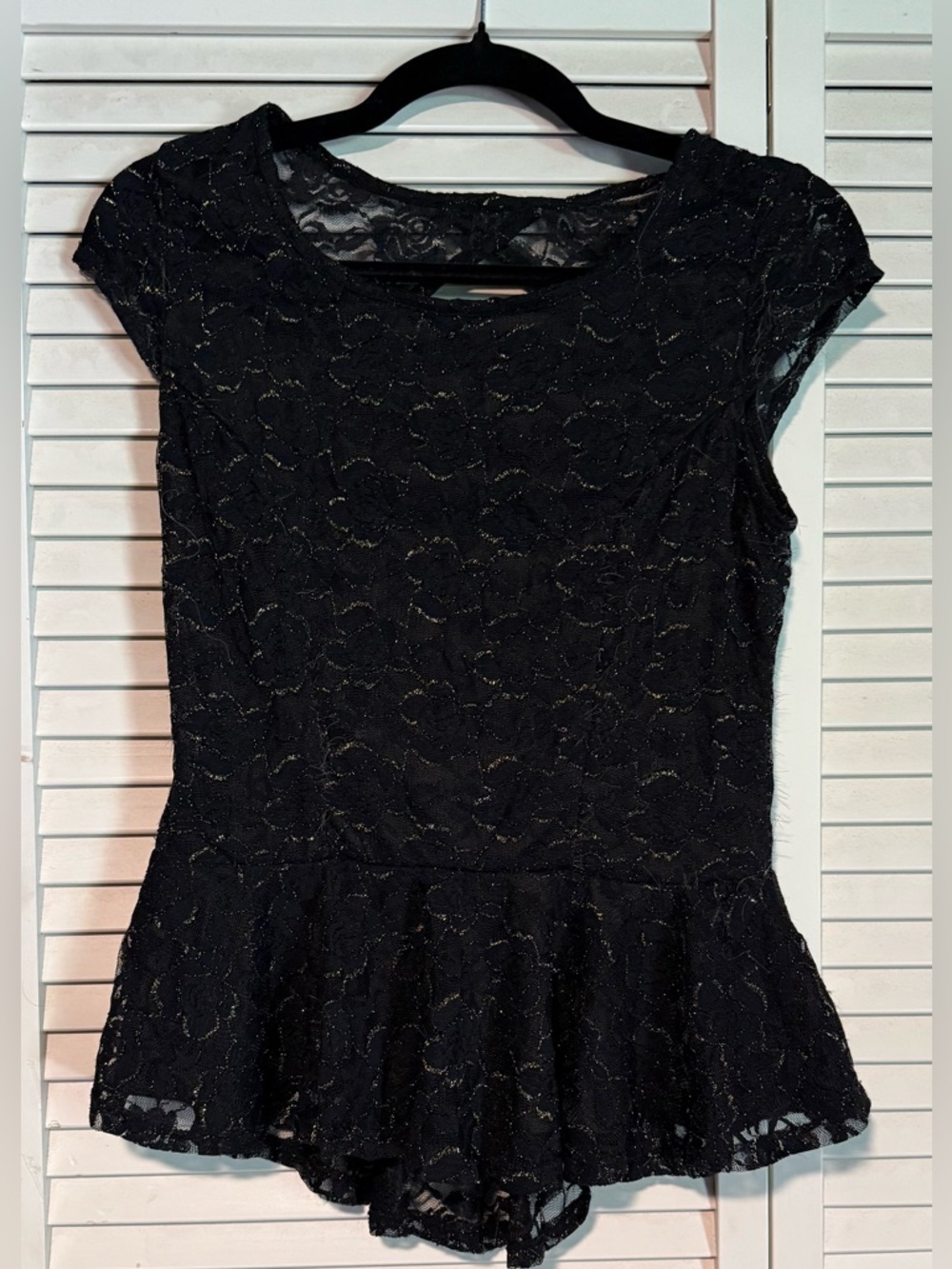 Iz Byer Black Lace Top with Gold Sparkle